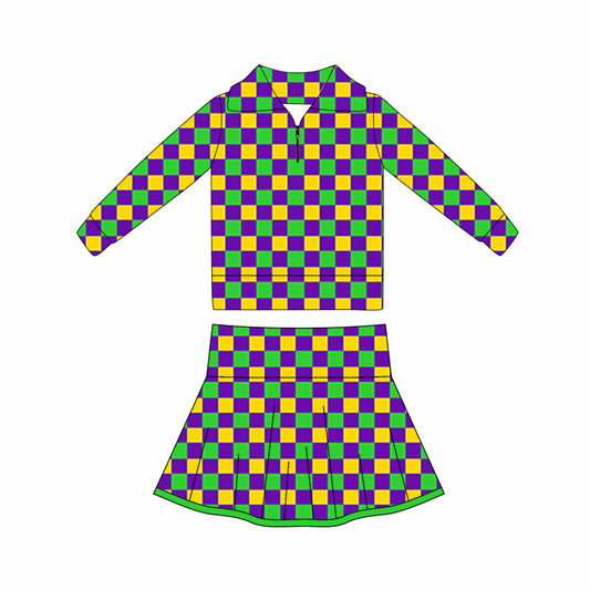 Baby Girls Mardigras Checked Zipper Pullovers Skorts Yoga Clothes Sets Preorder