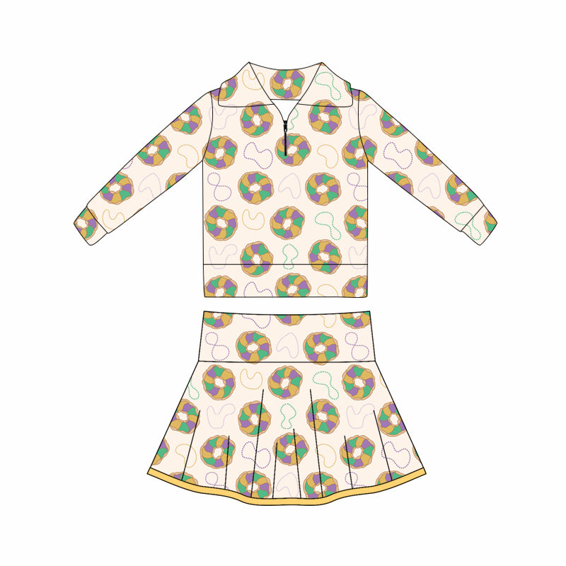 Baby Girls Mardigras Donuts Lights Zipper Pullovers Skorts Yoga Clothes Sets Preorder