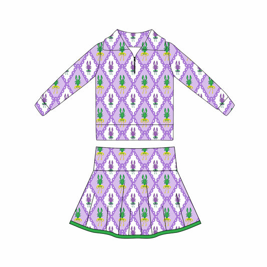Baby Girls Mardigras Crayfishes Checked Zipper Pullovers Skorts Yoga Clothes Sets Preorder