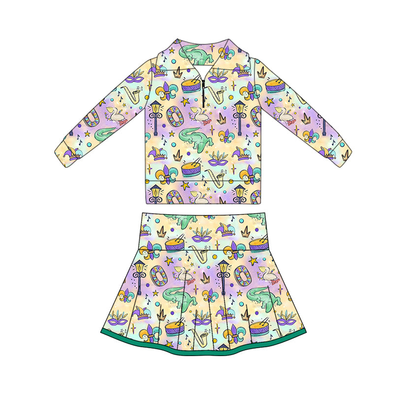 Baby Girls Mardigras Anchors Crocodiles Zipper Pullovers Skorts Yoga Clothes Sets Preorder