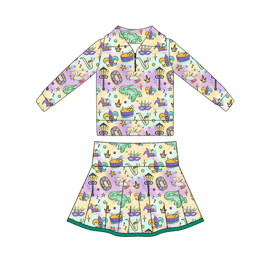 Baby Girls Mardigras Anchors Crocodiles Zipper Pullovers Skorts Yoga Clothes Sets Preorder