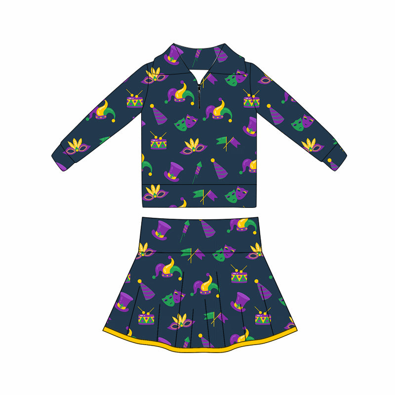 Baby Girls Mardigras Anchors Masks Zipper Pullovers Skorts Yoga Clothes Sets Preorder