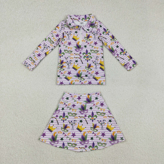 Baby Girls Mardigras Stripe Anchor Masks Zip Pullovers Skirt Shorts Yoga Active Clothes Set