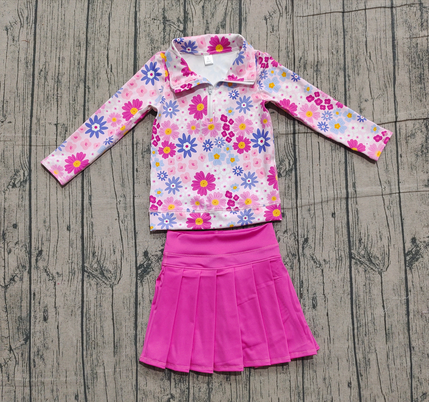 Baby Girls Flowers Zipper Pullovers Pink Skort Yoga Clothes Set Preorder