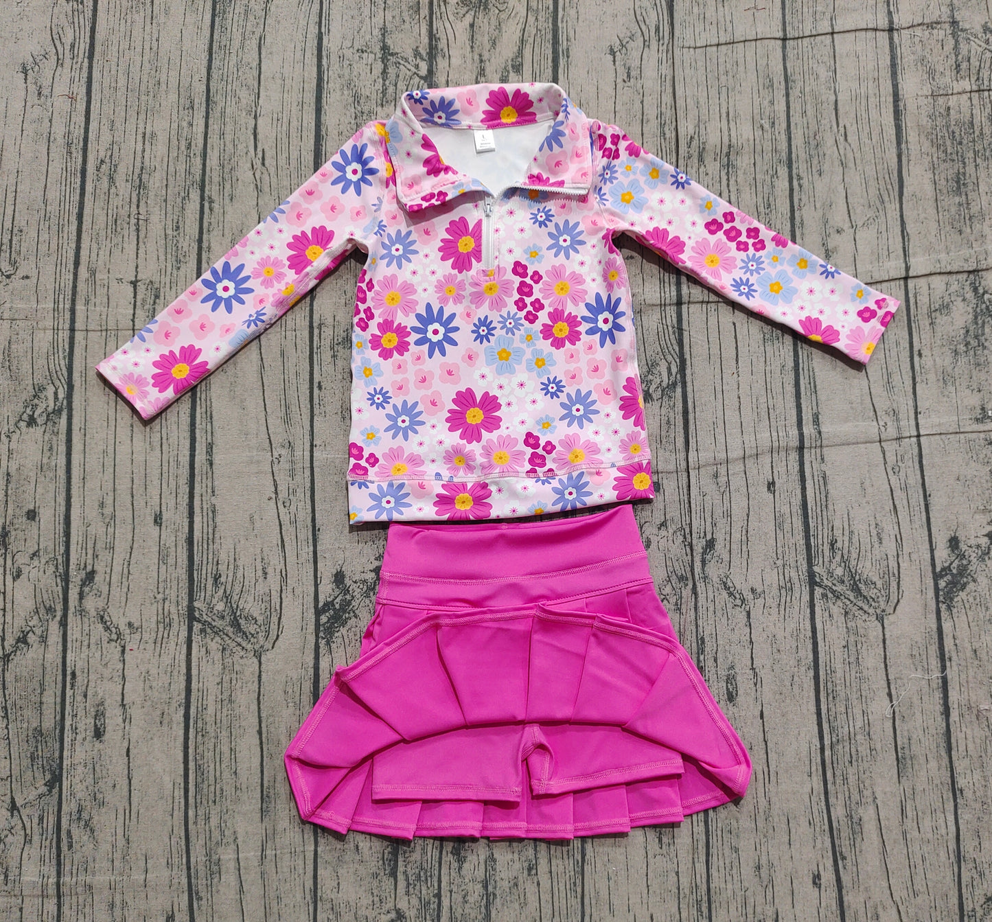 Baby Girls Flowers Zipper Pullovers Pink Skort Yoga Clothes Set Preorder