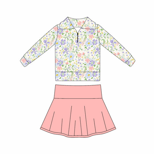 Baby Girls Floral Stripe Zipper Pullovers Peach Skort Yoga Clothes Set Preorder