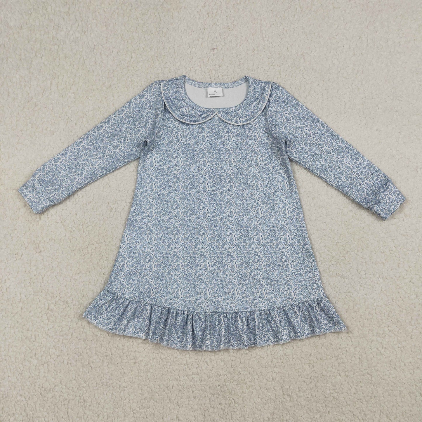 Baby Girls Long Sleeve Blue Floral Collar Ruffle Knee Length Dresses