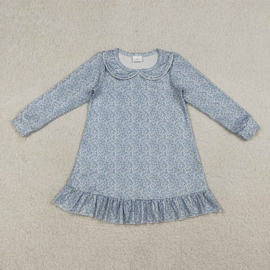 Baby Girls Long Sleeve Blue Floral Collar Ruffle Knee Length Dresses