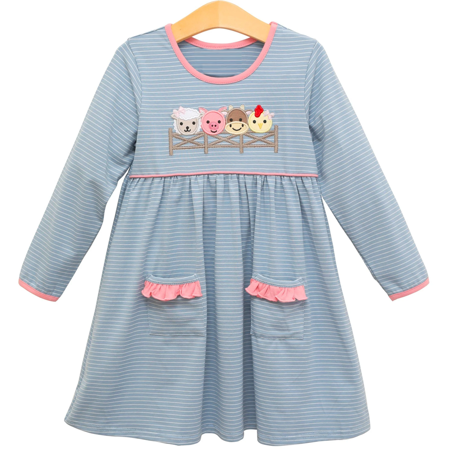 Baby Girls Blue Stripe Pigs Cows Pockets Farm Knee length Dresses Preorder