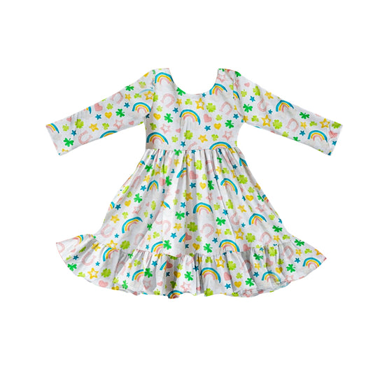 Baby Girls Clovers Rainbows St Patrick Ruffle Knee length Dresses Preorder