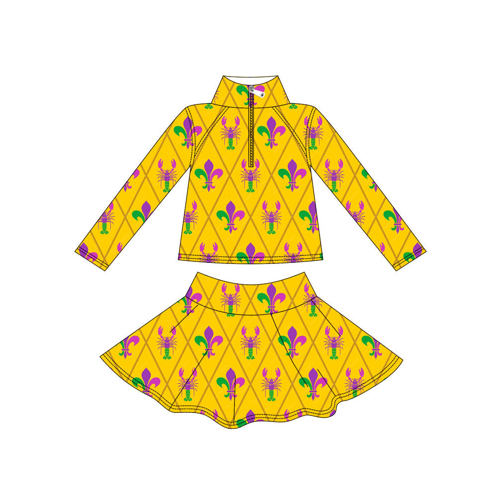 Baby Girls Mardigras Crayfish Anchors Zipper Pullover Skirt Shorts Yoga Clothes Set Preorder