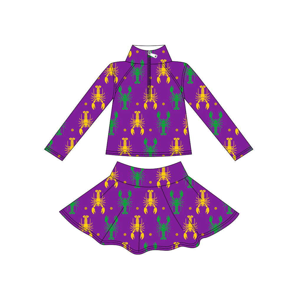 Baby Girls Mardigras Crayfishes Zipper Pullover Skirt Shorts Yoga Clothes Set Preorder
