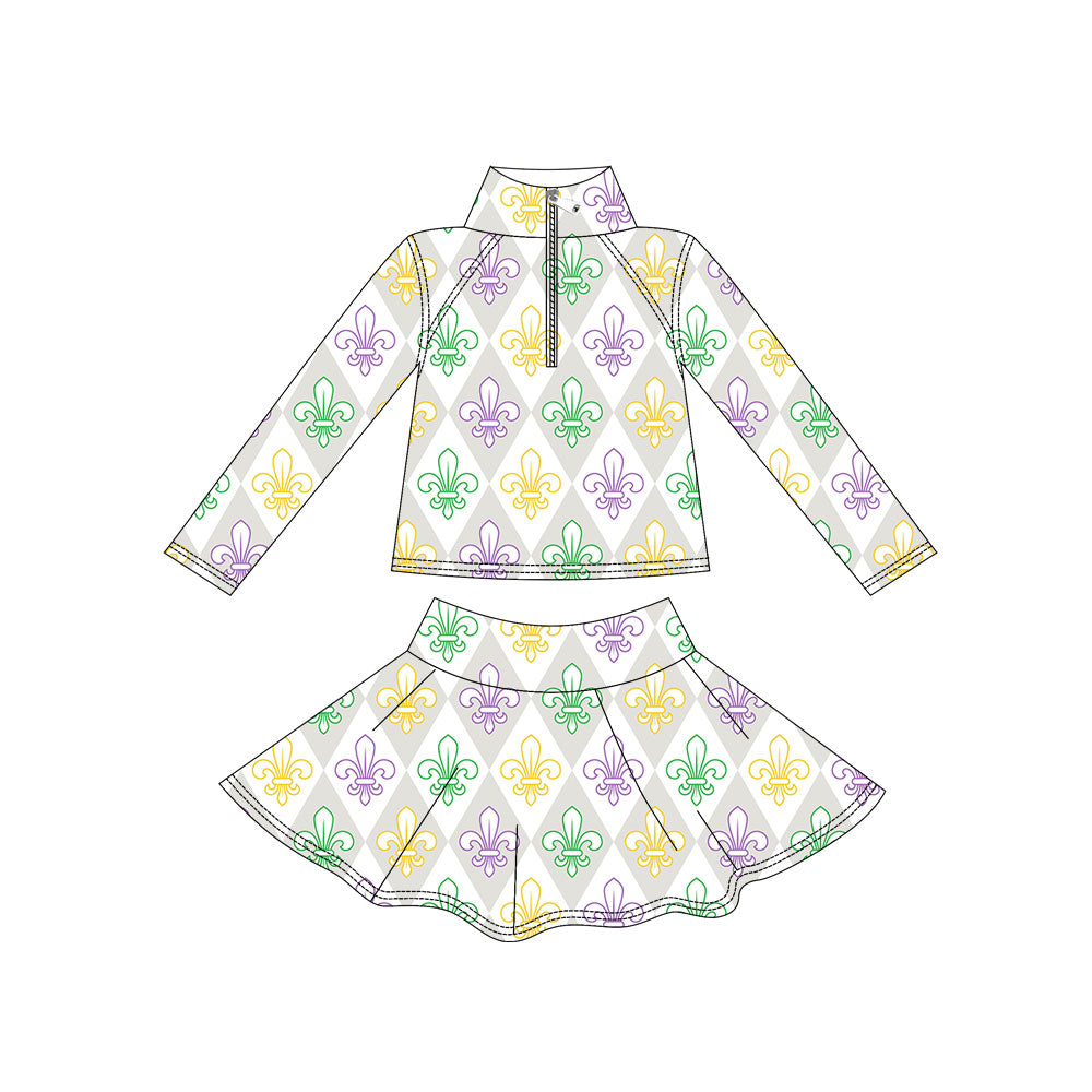 Baby Girls Mardigras Anchors Checked Zipper Pullover Skirt Shorts Yoga Clothes Set Preorder