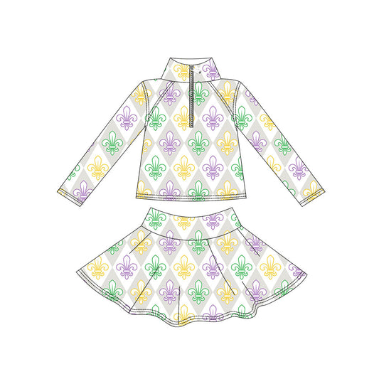 Baby Girls Mardigras Anchors Checked Zipper Pullover Skirt Shorts Yoga Clothes Set Preorder
