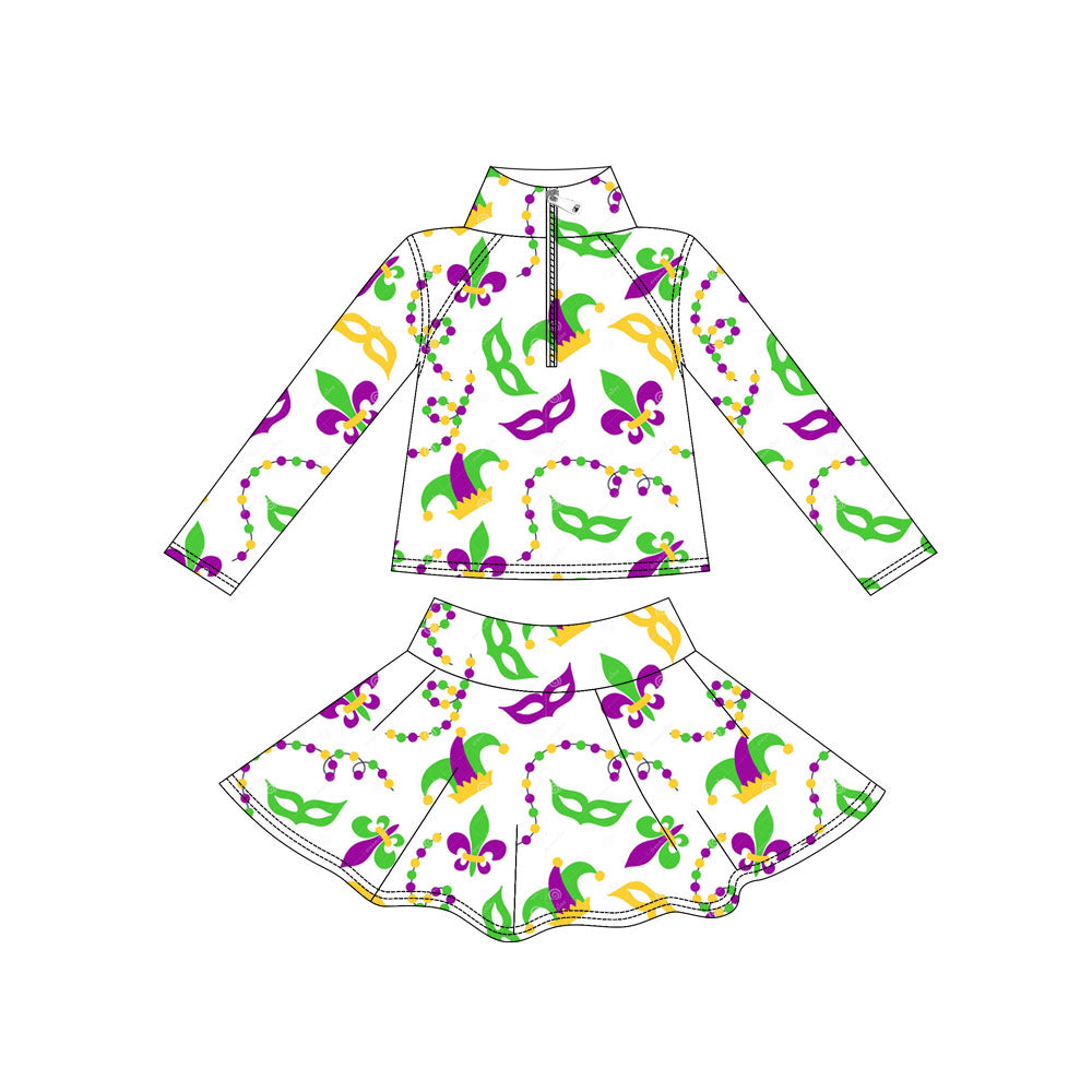 Baby Girls Mardigras Anchors Masks Zipper Pullover Skirt Shorts Yoga Clothes Set Preorder