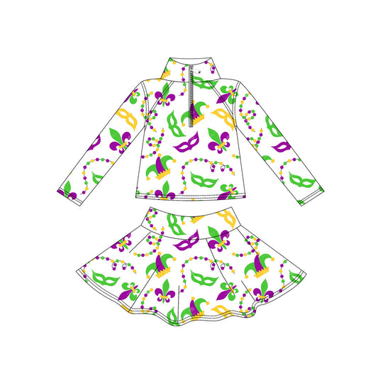 Baby Girls Mardigras Anchors Masks Zipper Pullover Skirt Shorts Yoga Clothes Set Preorder