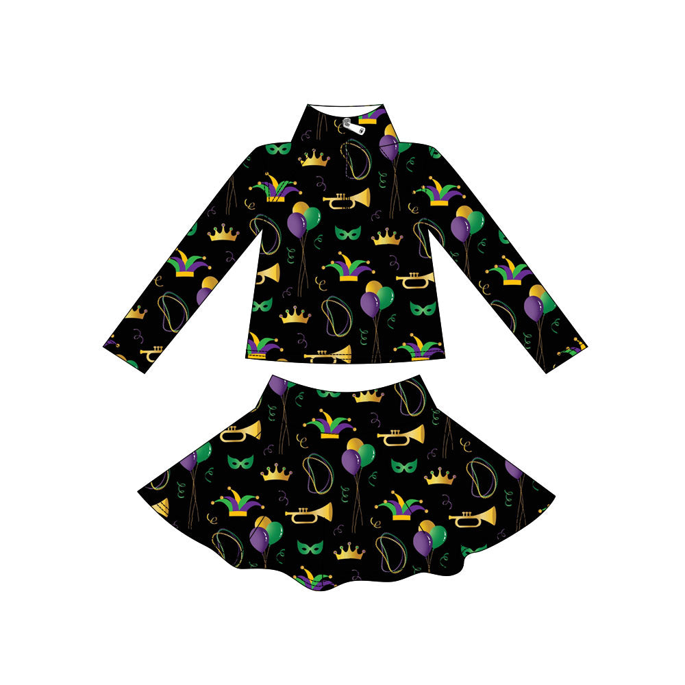 Baby Girls Mardigras Balloons Masks Zipper Pullover Skirt Shorts Yoga Clothes Set Preorder