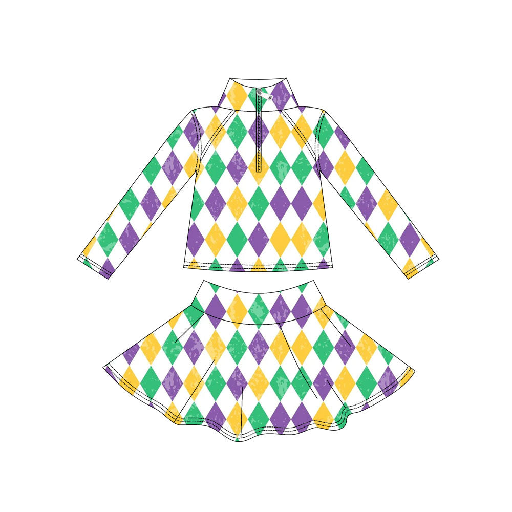 Baby Girls Mardigras Tie-dye Checked Zipper Pullover Skirt Shorts Yoga Clothes Set Preorder