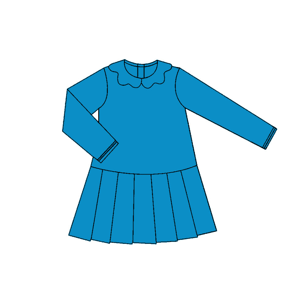 Baby Girls Hot Blue Long Sleeve Collar Pleated Yoga Knee Length Dresses Preorder