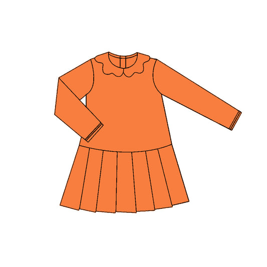 Baby Girls Orange Long Sleeve Collar Pleated Yoga Knee Length Dresses Preorder