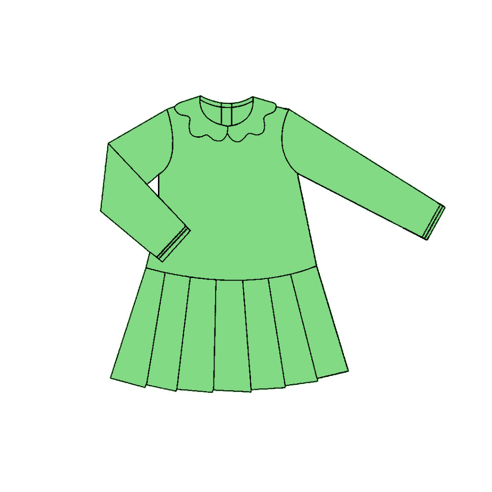 Baby Girls Green Long Sleeve Collar Pleated Yoga Knee Length Dresses Preorder