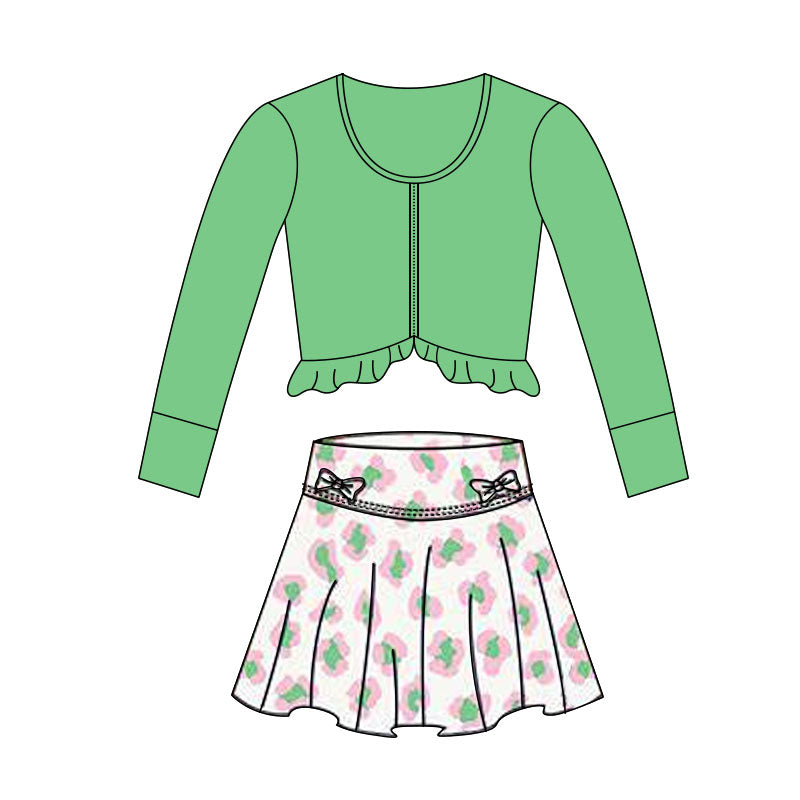 Baby Girls Green Zipper Jackets Leopard Bows Skirts Shorts Yoga Clothes Sets Preorder