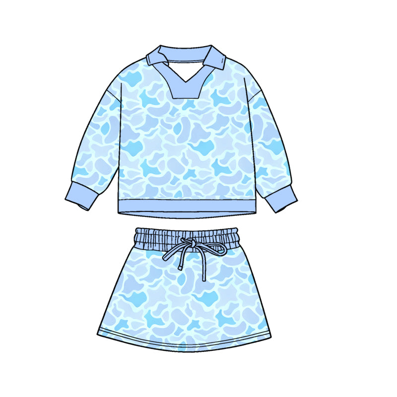 Baby Girls Light Blue Camo Long Sleeve Top Skirts Shorts Clothes Sets Preorder