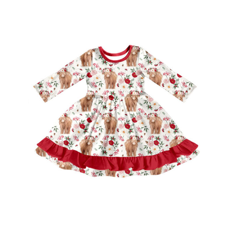Baby Girls Floral Highland Cows Western Ruffle Knee length Dresses Preorder