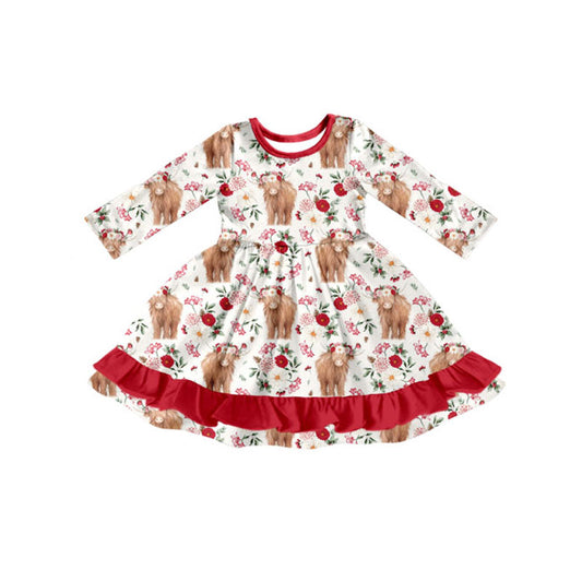 Baby Girls Floral Highland Cows Western Ruffle Knee length Dresses Preorder