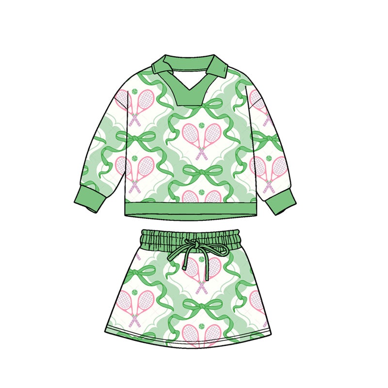 Baby Girls Green Bows Tennis Long Sleeve Skirts Shorts Clothes Sets Preorder