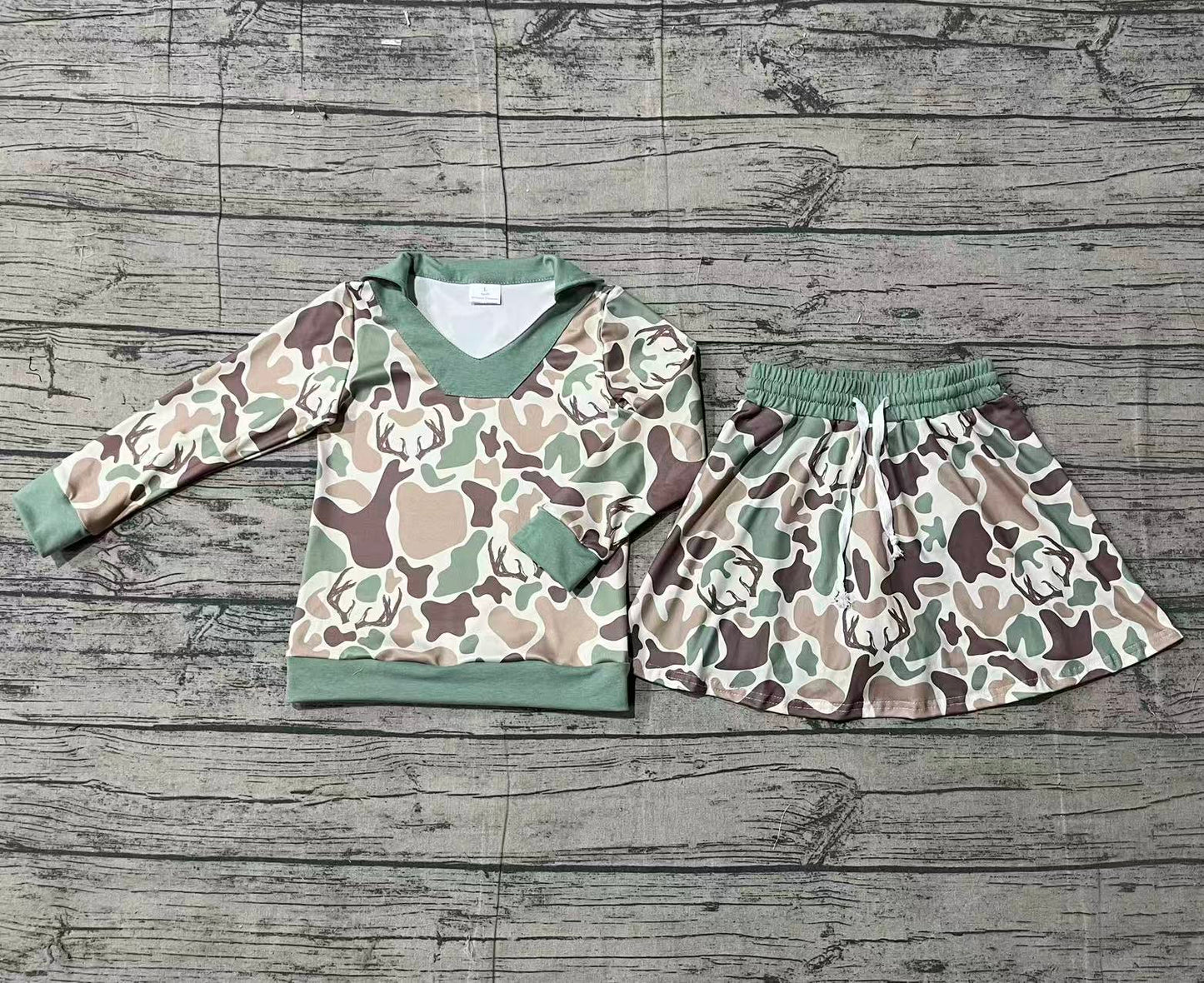 Baby Girls Green Deer Camo Long Sleeve Skirts Shorts Hunting Clothes Sets Preorder