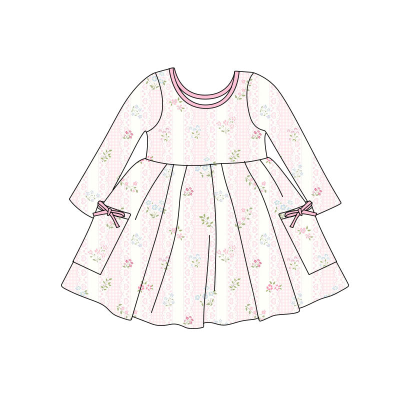 Baby Girls Pink Flowers Stripe Pockets Knee Length Dresses Preorder