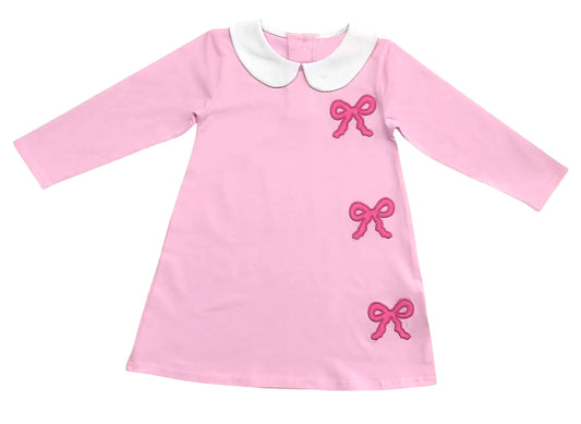 Baby Girls Pink Long Sleeve Bows Collar Valentine Knee Length Dresses Preorder