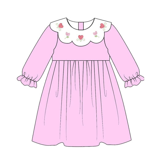 Baby Girls Pink Long Sleeve Hearts Flowers Valentine Knee Length Dresses Preorder