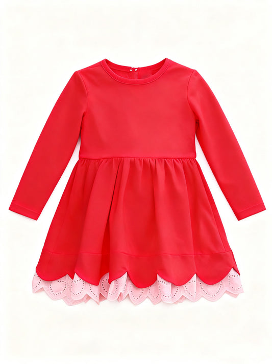 Baby Girls Red Long Sleeve Red Ruffle Yoga Knee Length Dresses Preorder