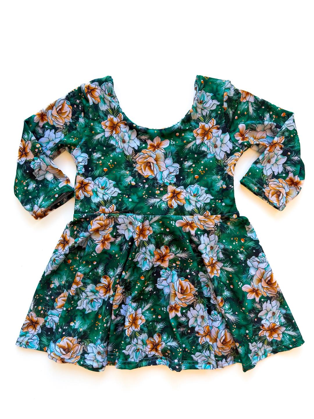 Baby Girls Long Sleeve Green Flowers Knee Length Dresses Preorder