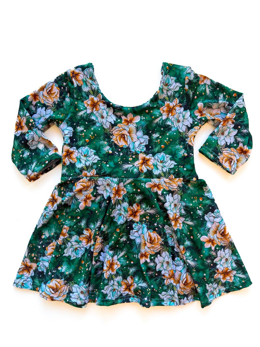 Baby Girls Long Sleeve Green Flowers Knee Length Dresses Preorder