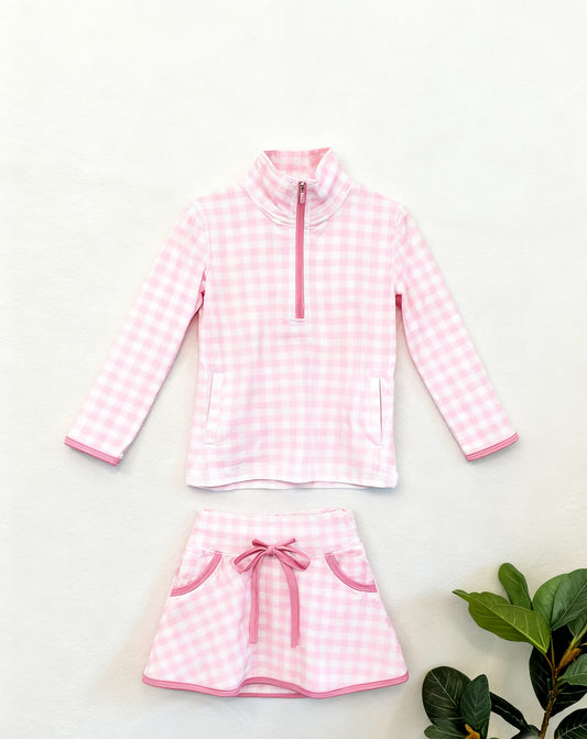 Baby Girls Pink Checked Pockets Zipper Pullovers Skirt Shorts Yoga Clothes Sets Preorder