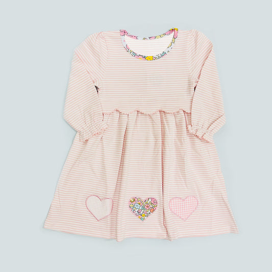 Baby Girls Peach Stripe Floral Hearts Valentines Knee Length Dresses Preorder