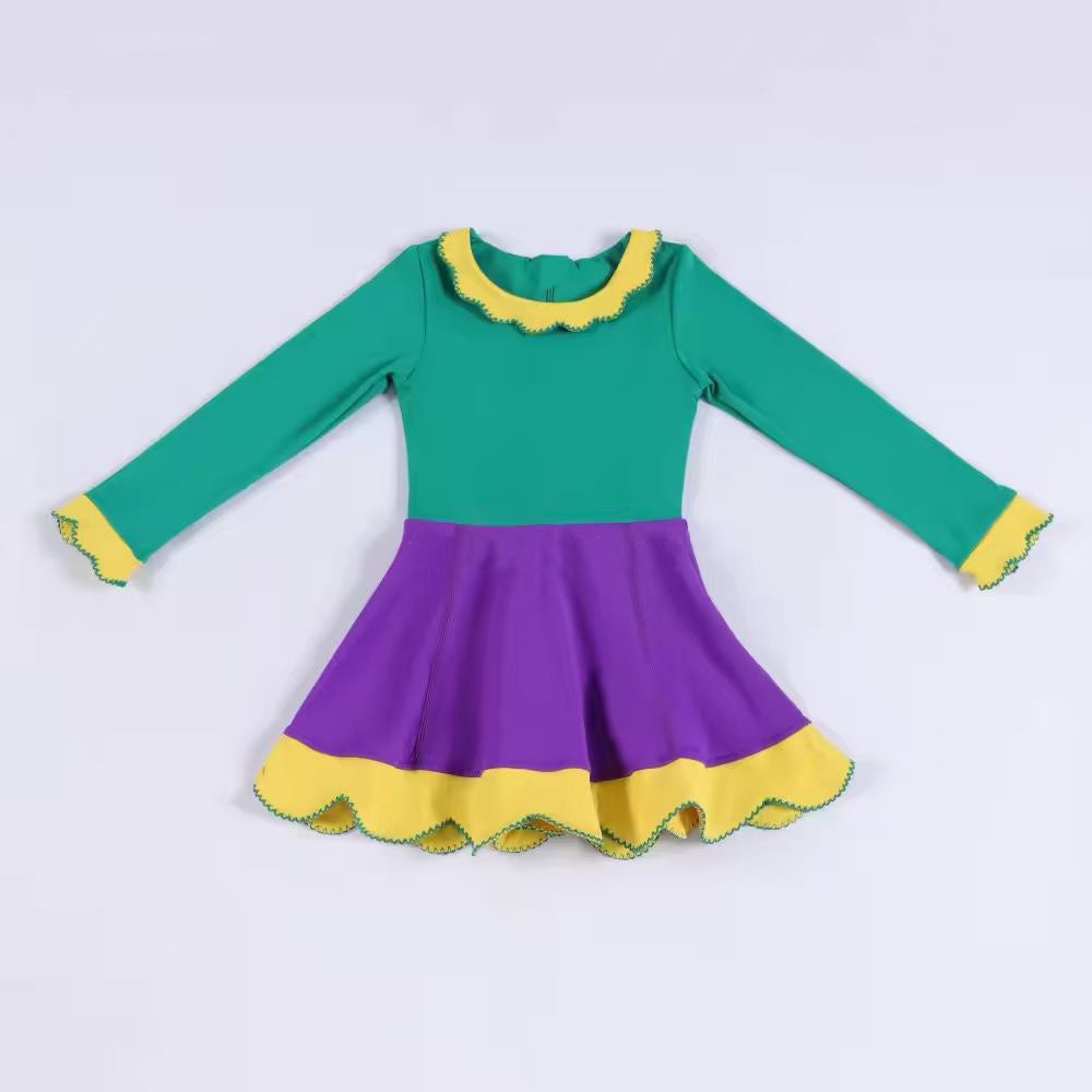 Baby Girls Long Sleeve Mardigras Yoga Ruffle Collar Knee length Dresses Preorder