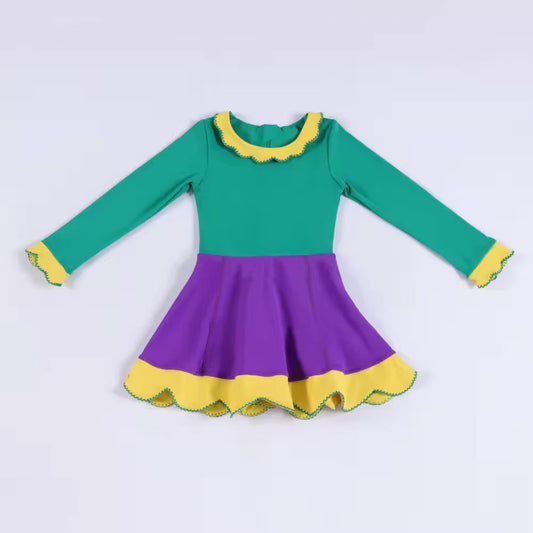 Baby Girls Long Sleeve Mardigras Yoga Ruffle Collar Knee length Dresses Preorder