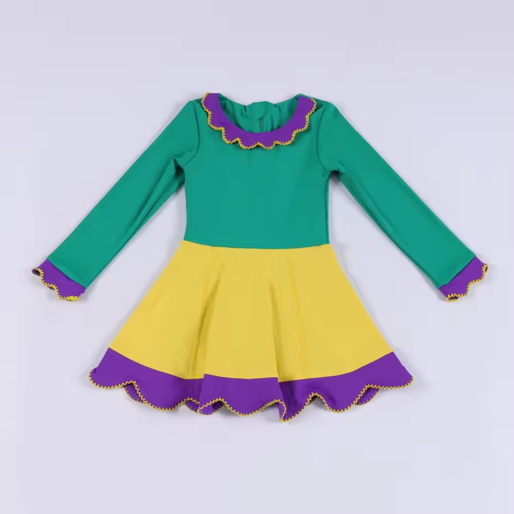 Baby Girls Long Sleeve Mardigras Yoga Ruffle Collar Knee length Dresses Preorder
