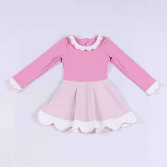 Baby Girls White Pink Yoga Ruffle Collar Knee length Dresses Preorder