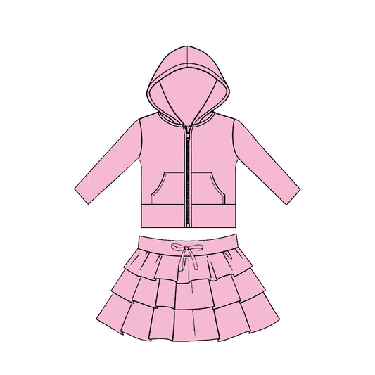 Baby Girls Pink Pockets Zip Hoodies Jacket Ruffle Skirt Shorts Yoga Clothes Sets Preorder