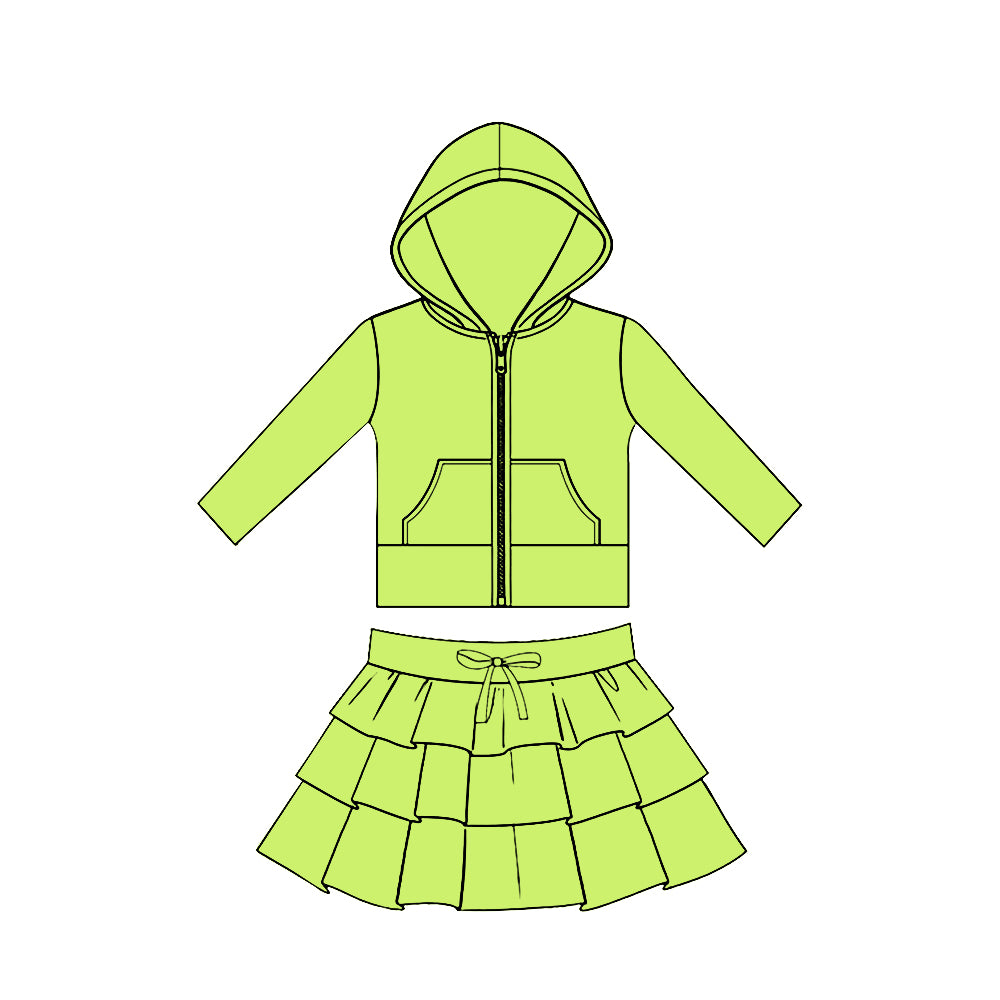 Baby Girls Green Pockets Zip Hoodies Jacket Ruffle Skirt Shorts Yoga Clothes Sets Preorder