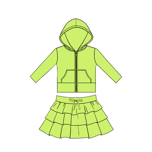 Baby Girls Green Pockets Zip Hoodies Jacket Ruffle Skirt Shorts Yoga Clothes Sets Preorder