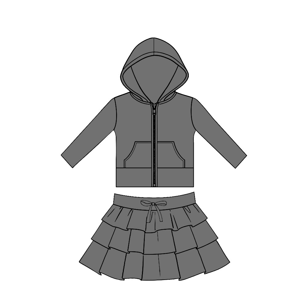 Baby Girls Grey Pockets Zip Hoodies Jacket Ruffle Skirt Shorts Yoga Clothes Sets Preorder