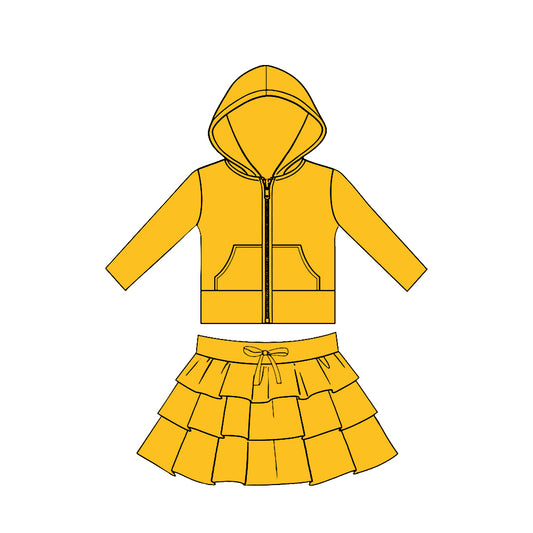 Baby Girls Gold Pockets Zip Hoodies Jacket Ruffle Skirt Shorts Yoga Clothes Sets Preorder