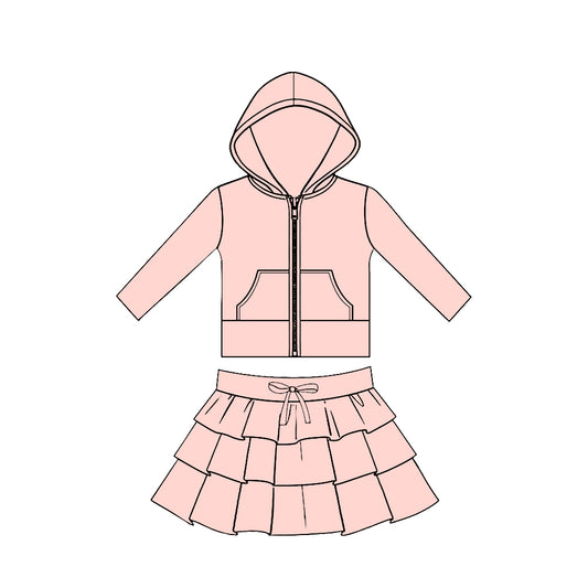 Baby Girls Light Pink Pockets Zip Hoodies Jacket Ruffle Skirt Shorts Yoga Clothes Sets Preorder