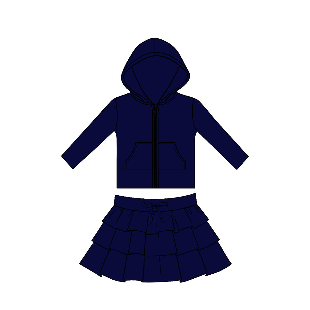 Baby Girls Navy Pockets Zip Hoodies Jacket Ruffle Skirt Shorts Yoga Clothes Sets Preorder